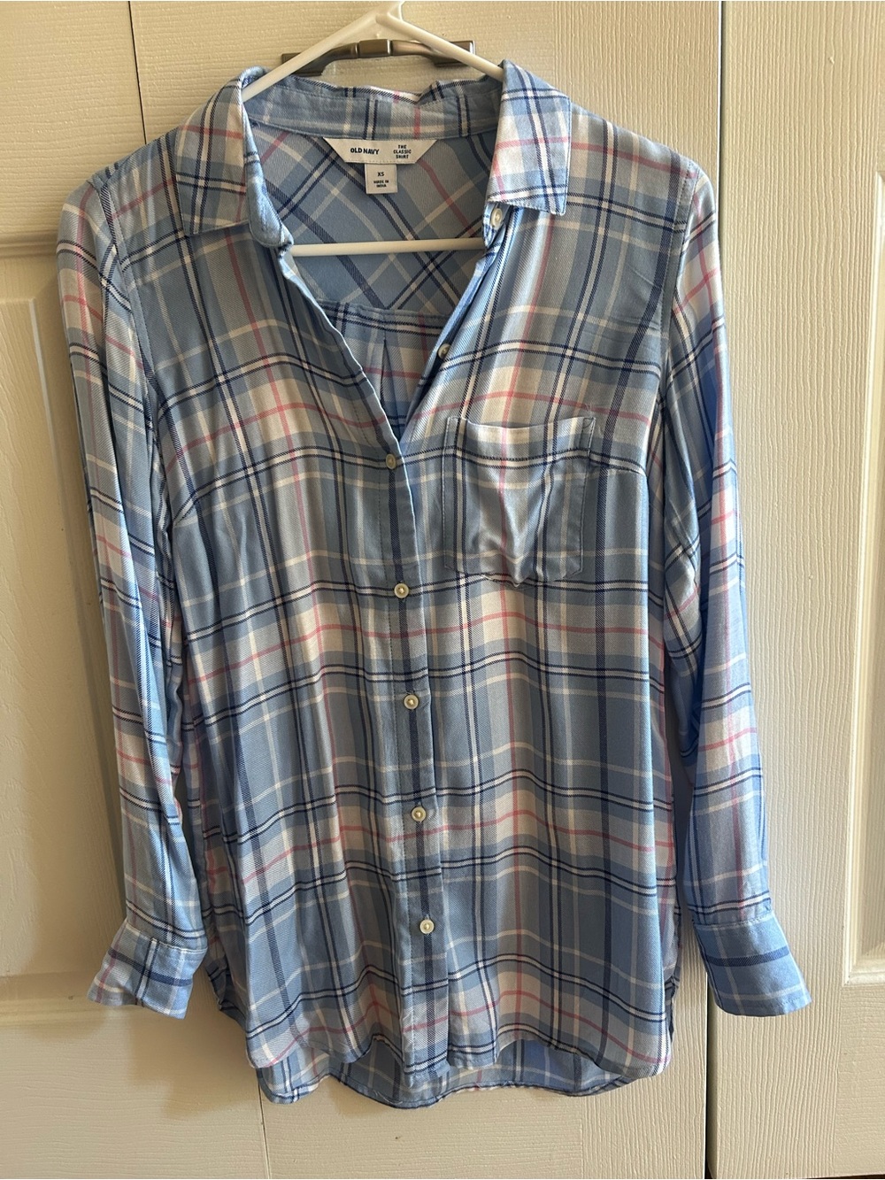 Old Navy Light Blue Plaid Shirt with Pink Accents